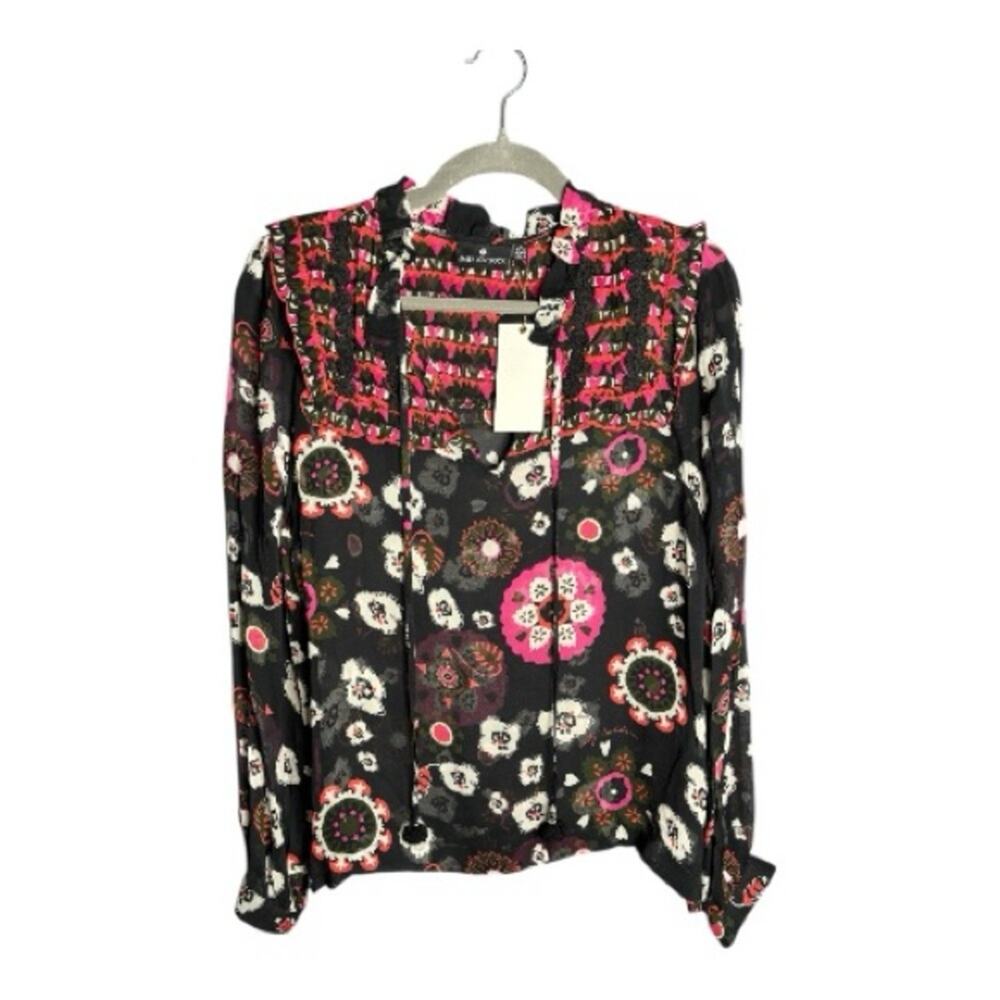 Emily Lovelock Black Pink Sheer Tassel Blouse Small